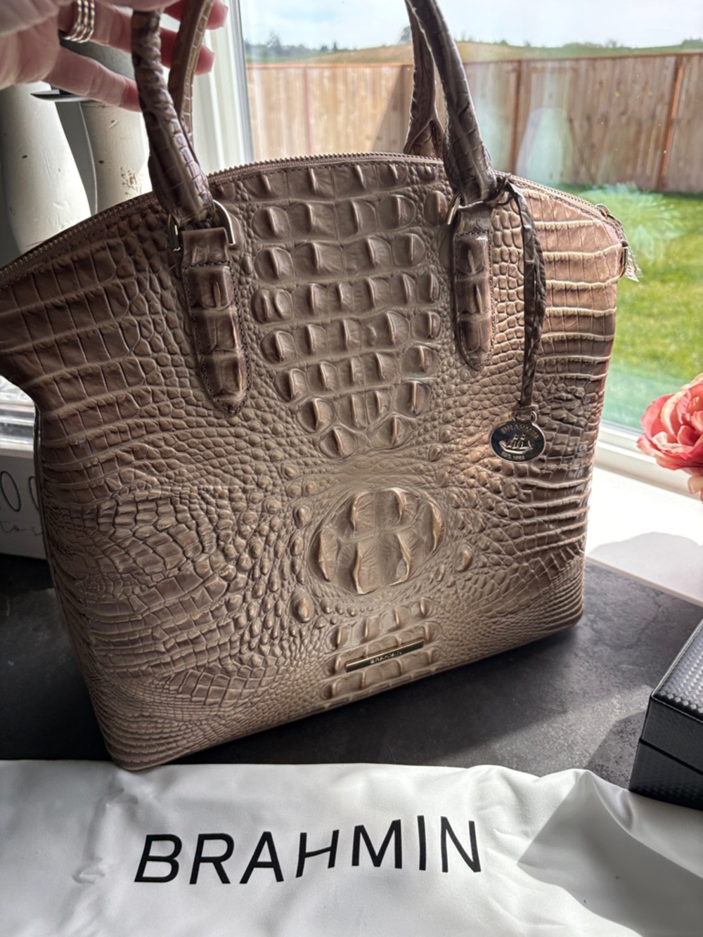 Brahmin Taupe Croc-Embossed Leather Tote